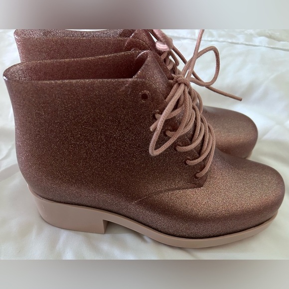 Mini Melissa Original Mel Platform Lace Up Girls Pink Glitter Boots Size 2 - Picture 9 of 9